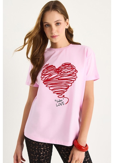 Shade Kadın Pamuklu Kısa Kollu Bisiklet Yaka Kalp Nakışlı T-shirt 60602028 - Pembe