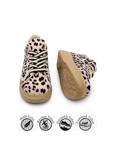 Günlük Kadın Sneaker Leopar Desenli Bağcıklı Oval Burun Yüksek Kalın Topuklu Spor Ayakkabı 313 Açık Leopar