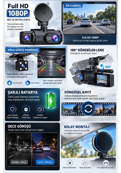 Ön Arka Kamera 1080p Full Hd Wifi 180 Geniş Açı Şarjlı - Lisinya