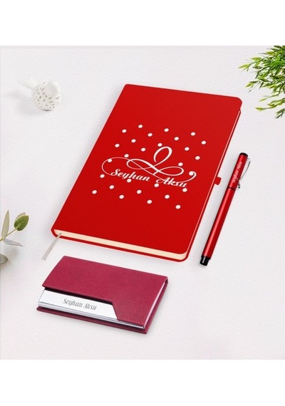 Kişiye Özel Isimli Kırmızı Defter Kalem Kartvizitlik Hediye Seti- (505048476)