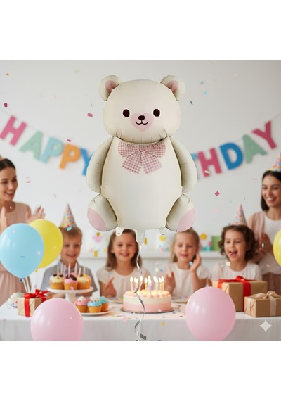 56,5x90 Cm Papyonlu Ayıcık Krem Folyo Balon - Doğum Günü Parti Dekorasyon Balonu Çok Renkli
