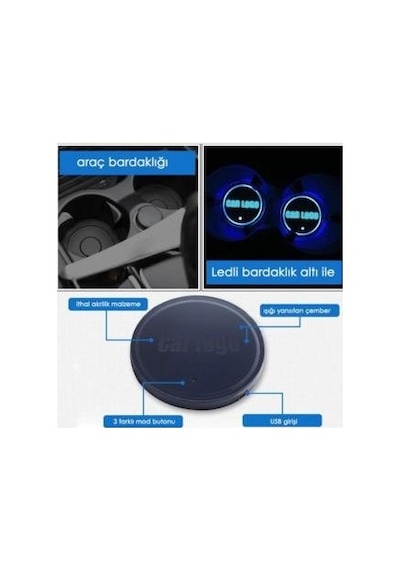 Opel Uyumlu 2 Adet Gece Sensörlü Ledli Bardaklık Altı Usb Sarjlı 7 Farklı Renk Degiştirebilen