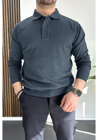 Edwox Erkek Düğmeli Polo Yaka Kazak İndigo Edw231 İndigo