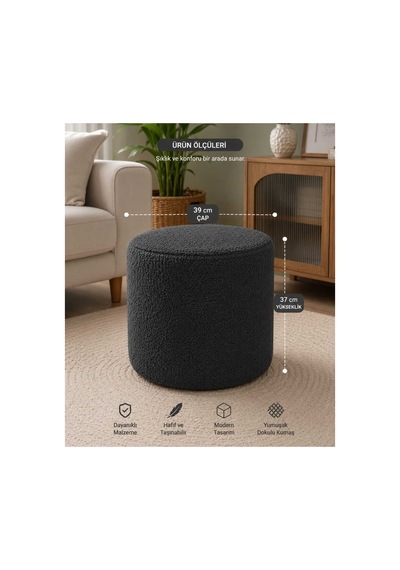 Pufly Peluş Çok Amaçlı Dekoratif Puf Koltuk Dekoratif Puf Antrasit Gri