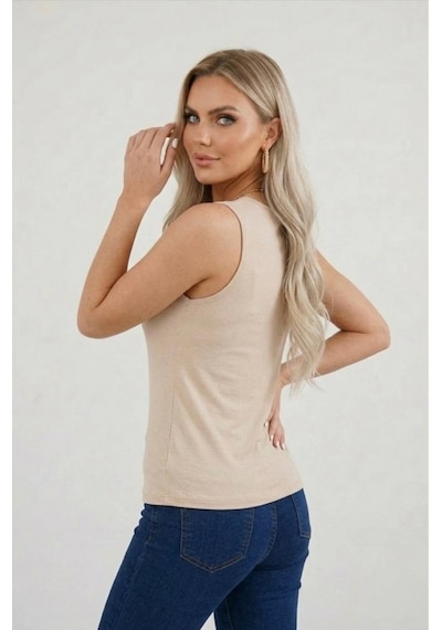 Hashtag Kadın Prenses Yaka Sıfır Kol Body Günlük Viskon Kumaş Bej