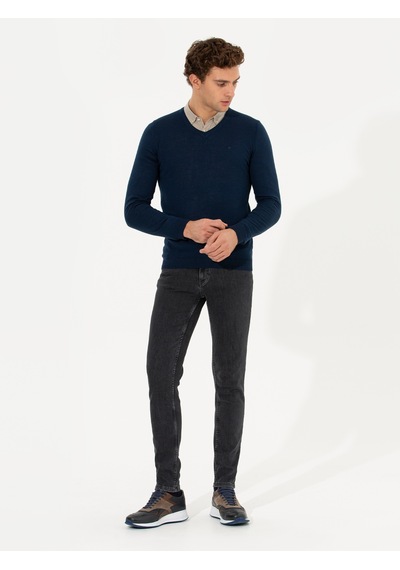 Cacharel Lacivert Slim Fit V Yaka Basic Triko Kazak