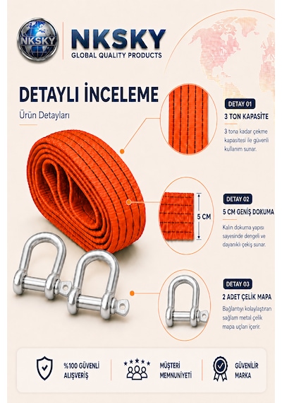3 Ton Araç Çekme Halatı 3 Metre 5 Cm Genişlik Güçlendirilmiş Uçlu Oto Çeki Halatı