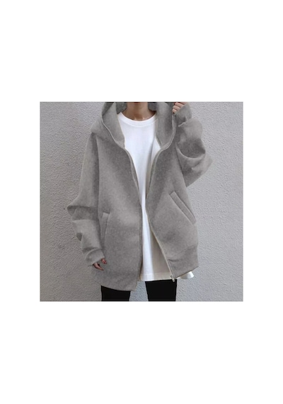 Tarzsokak Kapüşonlu Tam Fermuarlı Kışlık Süper Oversize Salaş Kadın Hoodie-sweatshırt Ldysoj1 Gri