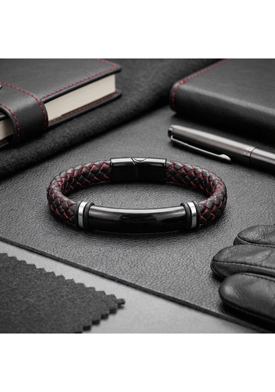 Moncuk Design İsim Yazılabilir Kırmızı Siyah Deri Ve Siyah Titanyum Kilit Bileklik 33513b15d7 Çok Renkli