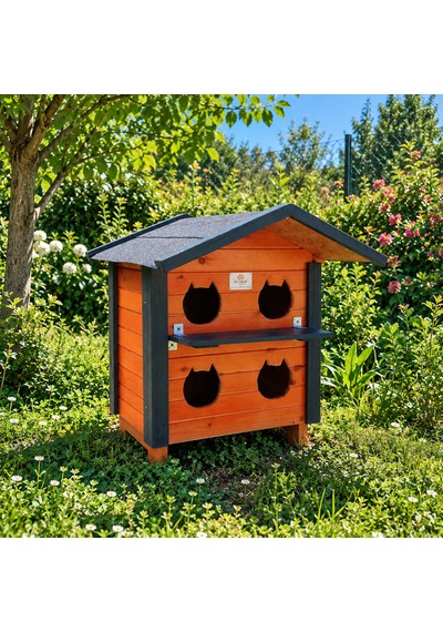 4 Yuvalı Ahşap Kedi Evi Dış Ortam
