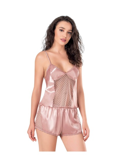 3dsepetim Koyu Pudra Saten Babydoll Şort Takımı Pudra