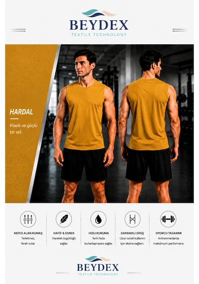 Beydex Erkek Nem Emici Hızlı Kuruma Atletik Teknik Sporcu Sıfır Kol T-shirt Gym Sarı