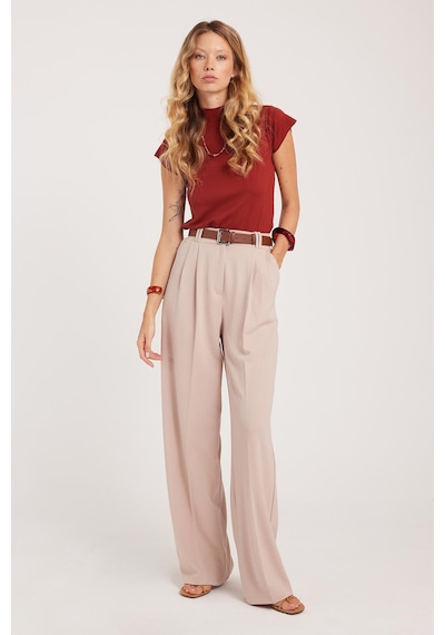 Tudors Kadın Regular Fit Klasik Kesim Yüksel Bel Geniş Paça Taş Pantolon-39585 Taş