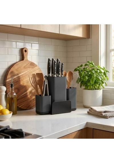 Antrasit Bıçak Organizeri Ve Mutfak Gereçleri Düzenleyici Çok Bölmeli, Kaymaz Tabanlı, Geniş Kapasiteli Bıçaklık Ahşap Ve Metal Kaşık, Çırpıcı, Spatula Saklama Standı -