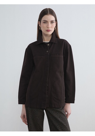 Lcw Modest Kahverengi Gömlek Yaka Oversize Kadın Jean Ceket