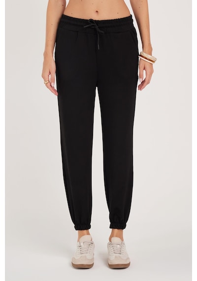 Tudors Kadın Relax Fit Rahat Kesim Modal Kumaş Beli Bağlamalı Lastikli Jogger Siyah Eşofman Altı-39586