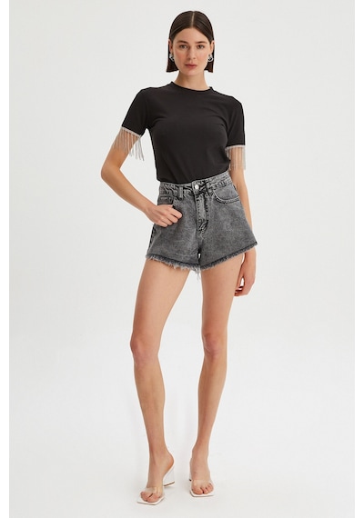 Park Karon Kadın Kolları Zincir Detaylı Basic T-shirt Siyah