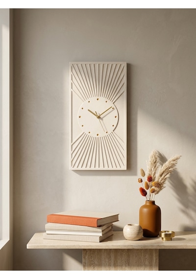 Kaveld Solaria Minimalist Duvar Saati - Modern Bohem Güneş Işınları Motifli Saat, Özel El Yapımı Duvar Saati Bej