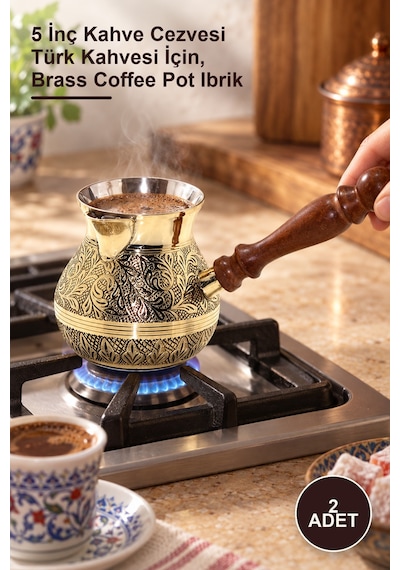 2 Adet Pirinç Cezve 5 İnç Kahve Cezvesi Türk Kahvesi İçin, Brass Coffee Pot Ibrik