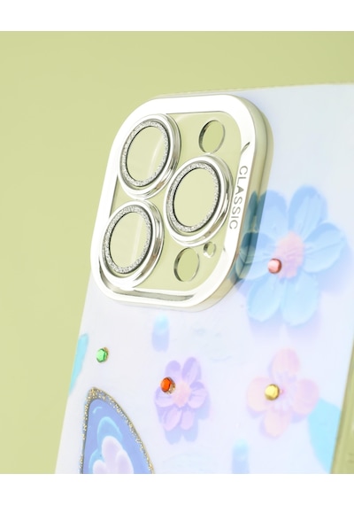 Apple Uyumlu iPhone 15 Pro Lens Korumalı Simli Kelebekli Çiçekli Kılıf