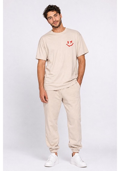 Nevermind Sevgili Kombini Smiley Baskılı Çift Tişört Oversize Unisex %100 P Bej