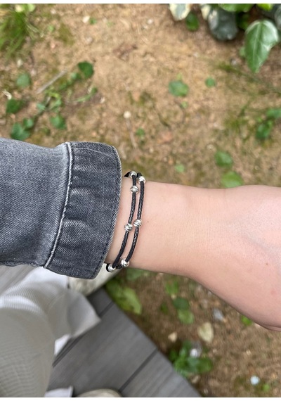 Kazzaze Gümüş Dorika Boncuklu Gümüş Kazaziye İki Zincirli Siyah Bileklik BIL082SI