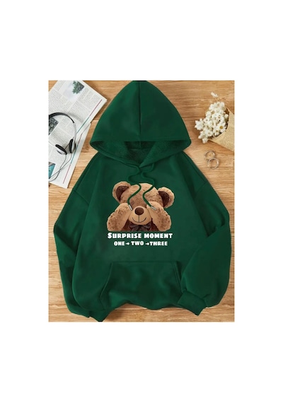 Medinenur Surprıse Baskılı Yumuşacık İçi Yünlü Sweatshirt Yeşil