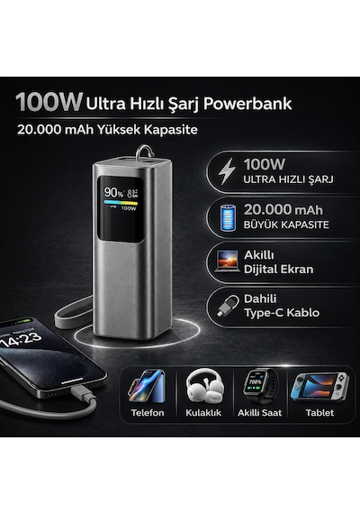 100w Ultra Hızlı Şarj Powerbank 20000 Mah Pd 3.0 Tft Ekranlı Dahili Type-c Kablolu Gri