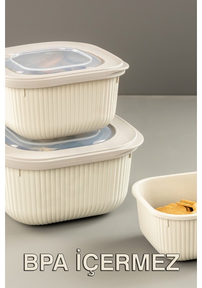 Micro Line Kare Saklama Kabı 600, 1100, 1800 Ml Üçlü Set Bej
