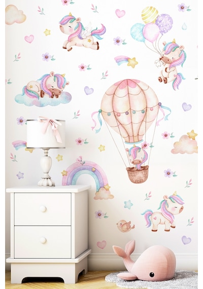 Unicorn Duvar Sticker Seti 125 Parça Balonlu Gökkuşağı Ve Uçan Unicorn Çocuk Odası Duvar Süsü Dijital Baskı