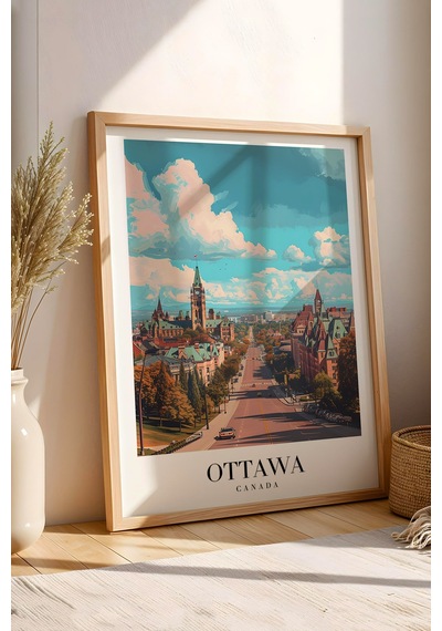 Ottawa Canada Vintage Seyahat Posteri Çerçeveli Tablo - Premium Kanada Şehir Elit Duvar Dekoru Kayın