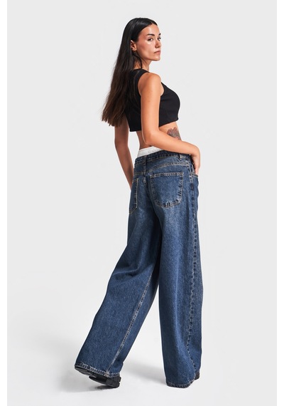 Itsbasic Kadın Tint Kot Rengi Boxer Detaylı Palazzo Fit Denim Jean Kırmızı