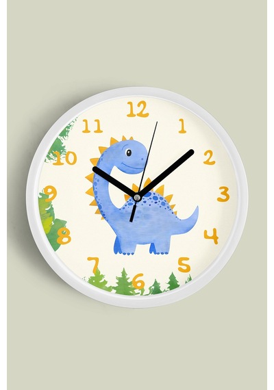 Sevimli Dinozor Çocuk Odası Duvar Saati - 35cm - Önü Camlı Beyaz Kasa - Sessiz Mekanizma-jh0906 Beyaz