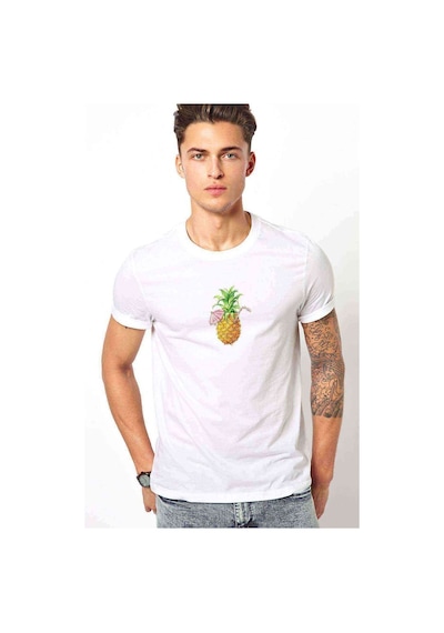 Suyu Smoothie Ananas Çizim Meyve Ananas Baskılı Beyaz Erkek Tshi