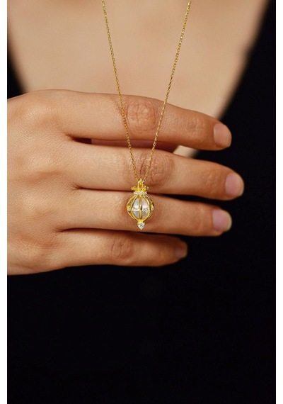 Erdobia Zirkon Taşlı Gold İncili Kafes Gümüş Kolye N10158