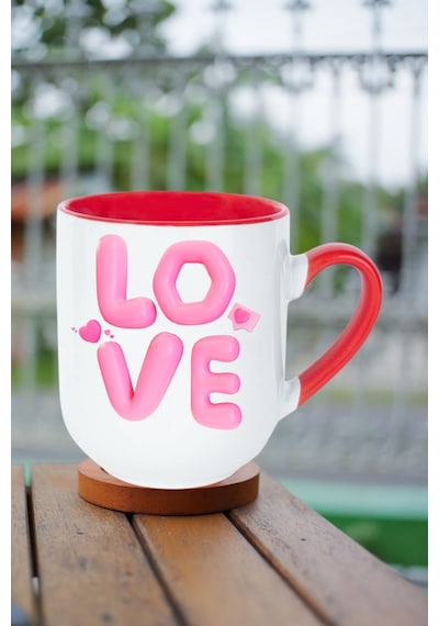 Love Baskılı Hediye İçi Kırmızı Lüx Kupa Bardak Porselen Çay Kahve Fincanı Kırmızı