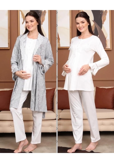 Birolgaye Bone Club 5706 Ekru Jakarlı 3lü Hamile Lohusa Pijama Sabahlık Tk