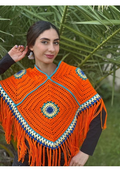 Gönülden Tasarım El Örgüsü Püsküllü Kadın Panço Turuncu