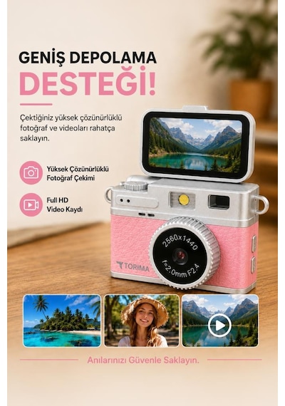 Mini Dijital Kamera 2k Flip Ekranlı Selfie Video Vlog Kamerası Cmr49 Pembe