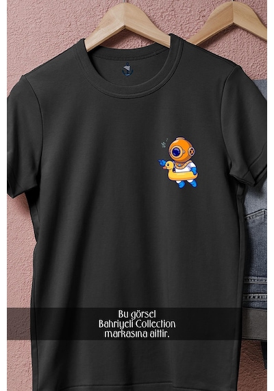 Oversize Ördek Can Simidi Ve Mini Dalgıç Cep Tasarımlı Unisex T-shirt Siyah