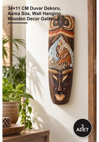 3 Adet Ahşap Duvara Asmalı Kumlu Mask 34 11 Cm Duvar Dekoru, Asma Süs, Wall Hanging Wooden Decor Galileo-8