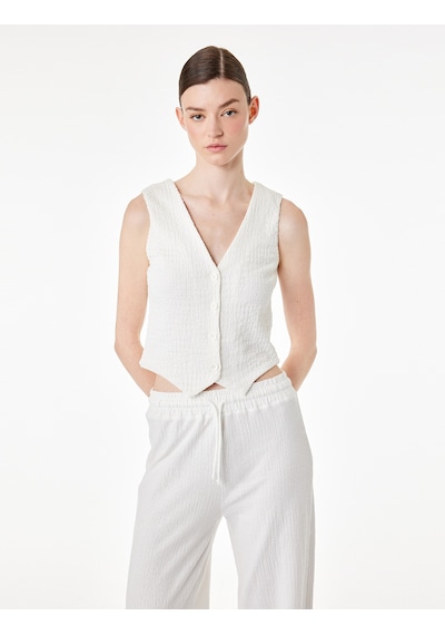Koton Bürümcük Kumaş Slim Fit V Yaka Düğmeli Yelek Ekru 6sak30004ek