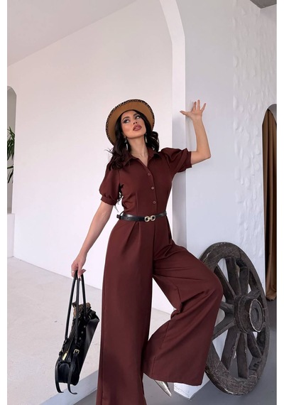 Neşeli Butik Kadın Gömlek Yaka Kemerli Geniş Paça Tulum Nbk4197 Kahverengi