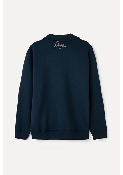 Mudo Erkek Erkek Lacivert Loose Fit Fermuarlı Dik Yaka Nakışlı Sweatshirt 1264396
