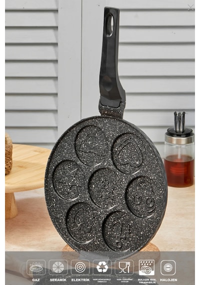 Polochef Ipc-126 Döküm Yanmaz Yapışmaz Emojili Pankek Tava Krep Tavası 26 Cm Siyah