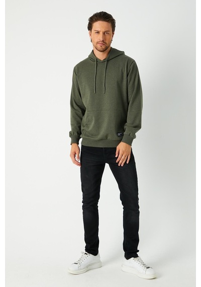 Comeor Erkek Haki Basic Kapüşonlu Regular Fit Normal Kesim 2 İplik Kumaş Günlük Sweatshirt Haki