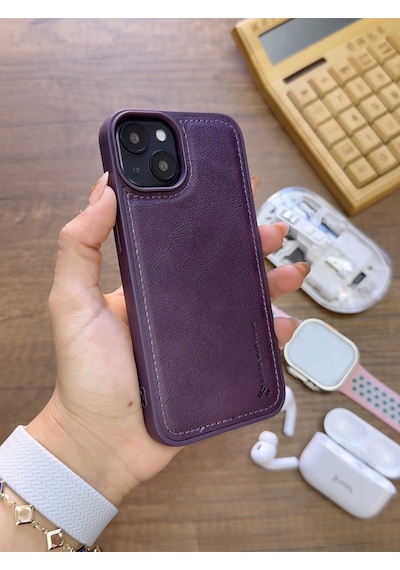 Apple iPhone 14 Uyumlu Premium Deri Dokulu Darbelere Karşı Dayanıklı Nazal Silikon Kılıf Mor