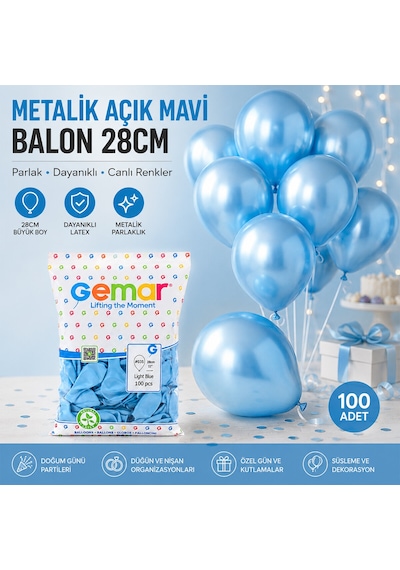 Metalik - Açık Mavi Balon 11 Inc - 28cm - 100pcs Çok Renkli