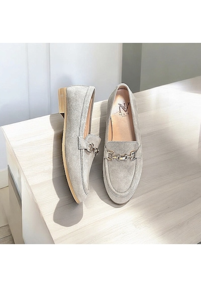 Ne&ve Shoes Gri Süet Hakiki Deri Zincirli Kadın Loafer Ayakkabı
