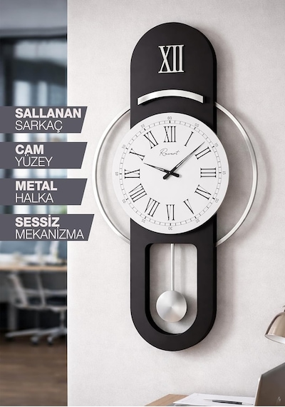 Hareketli Sarkaç, Cam Yüzeyli, Metal Halkalı, Dekoratif Duvar Saati - Roma 70cm Siyah Gümüş Diğer